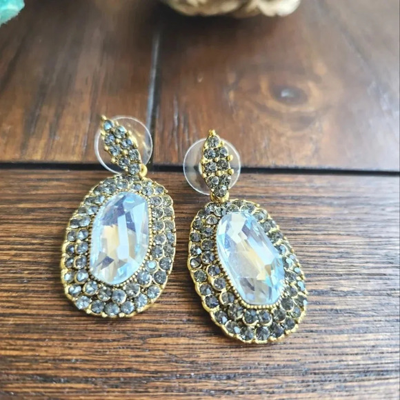 Gold, White, and Gray Crystal Earrings With Push Back - Picture 2 of 7